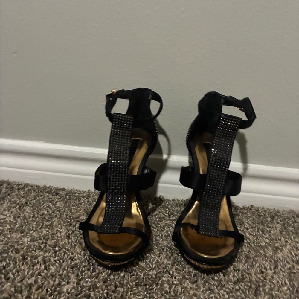 BCBGeneration Black T-Strap Crystal Embellished Heels